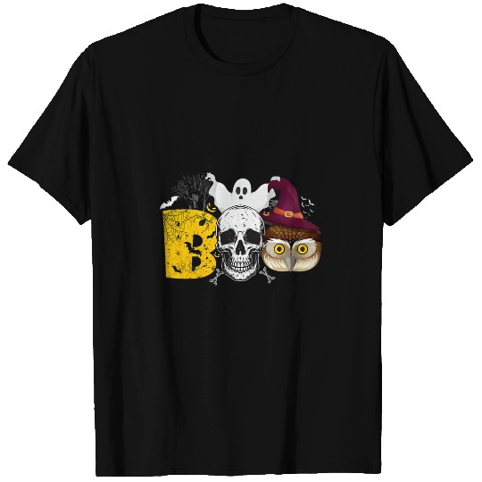 Discover Owl Pet Scary Boo Halloween Skull With Owl Witch Hat Skeleton T-Shirts