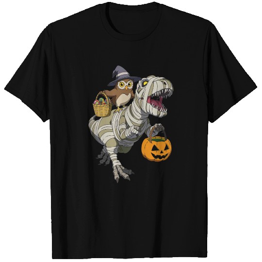 Owl Pet Skeletons Riding Mummy Dinosaur TRexs Halloween Pumpkin T-Shirts