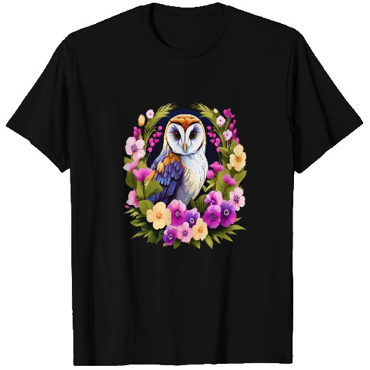 Owl Pet Cute European Barn Owl Surrounded by Bold Spring Flowers 1 T-Shirts