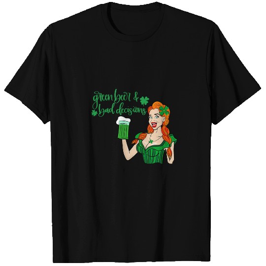 Beer Fun Green Beer And Bad Decisions Cute Redhead St Patricks Day T-Shirts