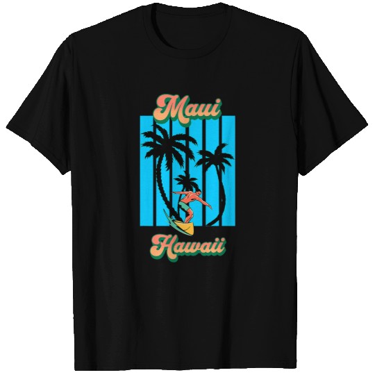 Maui Hawaii HI Beach Surf Palm Trees Orange Blue Black Top T-Shirts