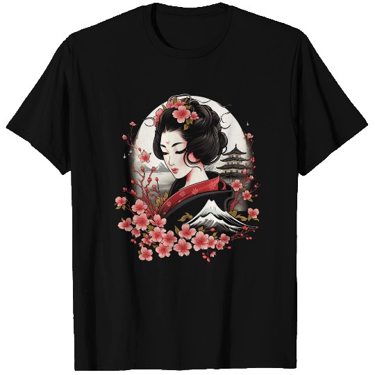 Japanese Geisha With Mount Fuji And Pagoda Cherry Blossom 15 T-Shirts