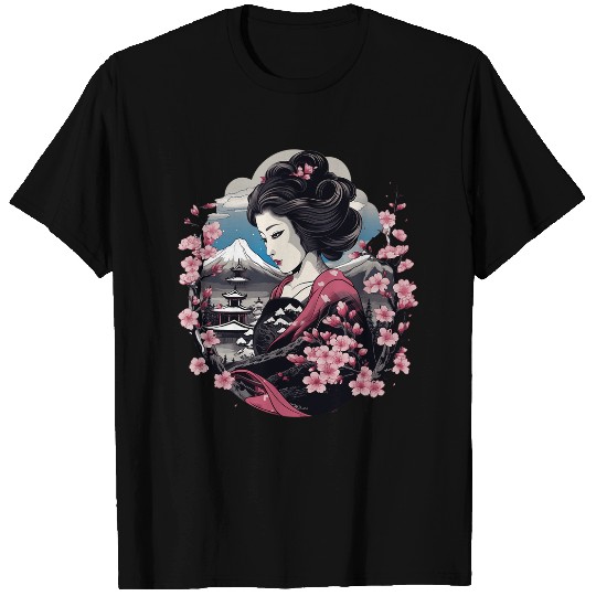 Japanese Geisha With Mount Fuji And Pagoda Cherry Blossom 16 T-Shirts