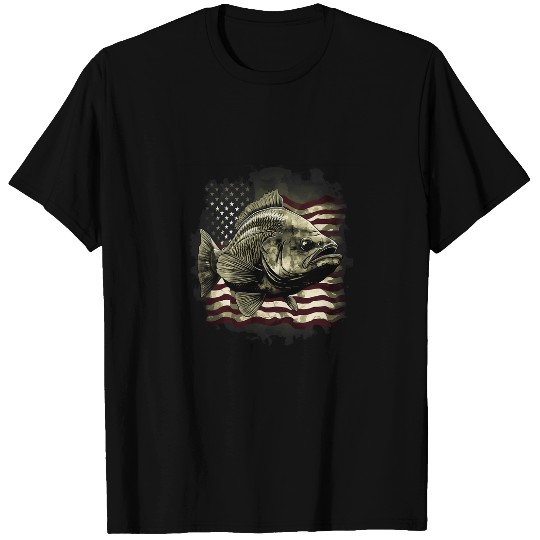 Patriotic Camouflage Fisherman Fishing US Flag Black Bass T-Shirts