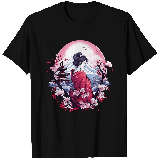 Japanese Geisha With Mount Fuji And Pagoda Cherry Blossom 3 T-Shirts