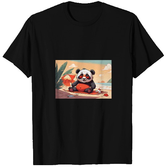 Panda Pet On Beach With Picnic Blanket Book And Drink T-Shirts