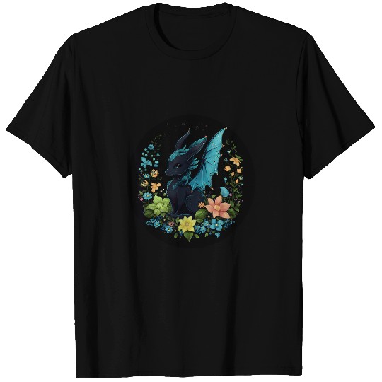 Dragon Pet Cute Blue and Black Dragon Wreath Design T-Shirts