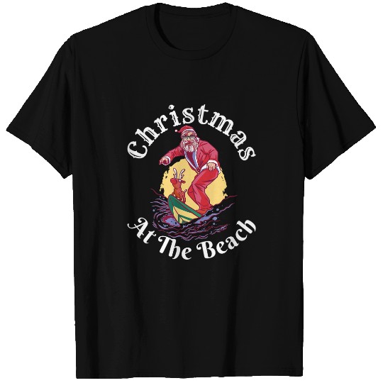 Surf Life Christmas At The Beach Funny Santa Surfing With Rudolph Xmas T-Shirts