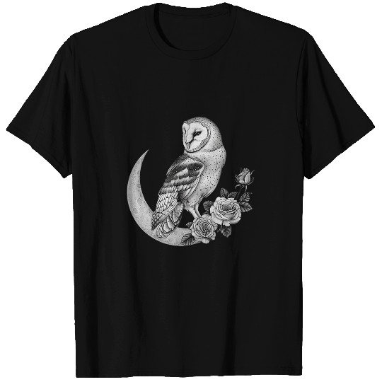 Owl Pet Barn Owl Sitting on Moon Roses Gothic Black White T-Shirts