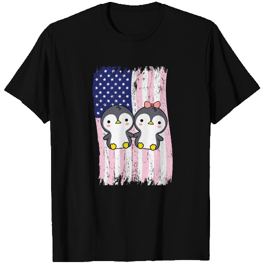 Penguin Pet American Flag Penguin Couple T-Shirts