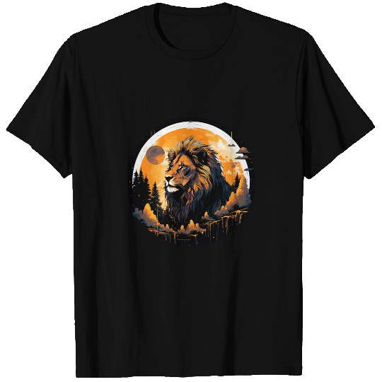 Lion Pet face in a orange jungle with moon T-Shirts