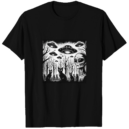 UFO Flying Alien Funny black cats Meme Retro Men Women Kids T-Shirts
