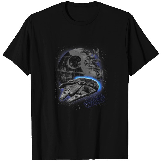 Star Wars Classic Millennium Falcon Flying Over Death Star T-Shirts