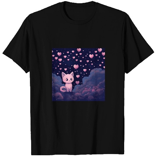 Pink Cartoon Cat Surrounded By Hearts In A Purple Night Sky T-Shirts