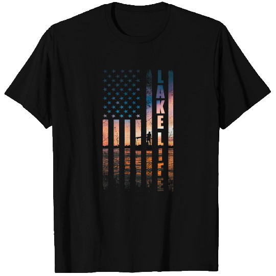 Fishing Fun Lake Life Fisherman Sunset American Flag Bass Fishing Boat T-Shirts