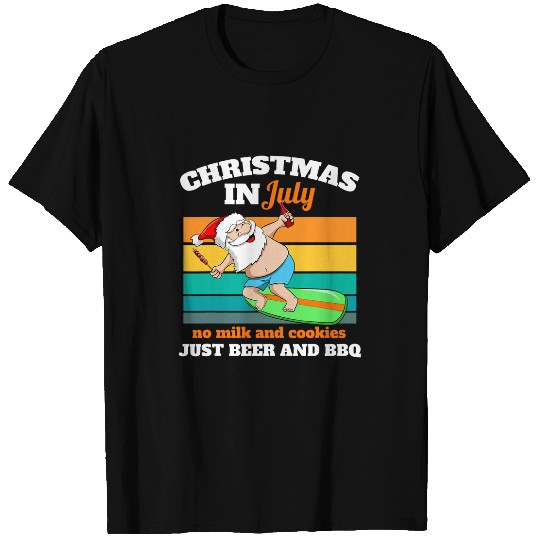 Surfer Santa Beer And BBQ xmass Party Beach Christmas In July T-Shirts