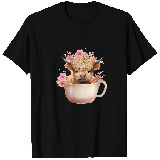 Coffee Fun Cute Baby Highland Cow With flowers Calf Animal Coffee Cup T-Shirts