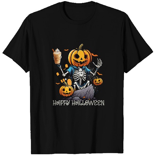 Coffee Fun Pumpkin Skeletons Drinking Coffee Funny Halloween Party T-Shirts