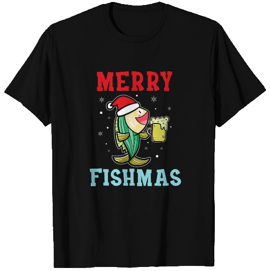 Fishing Fun Merry Fishmas Fish With Beer Fisherman Fishing Christmas T-Shirts