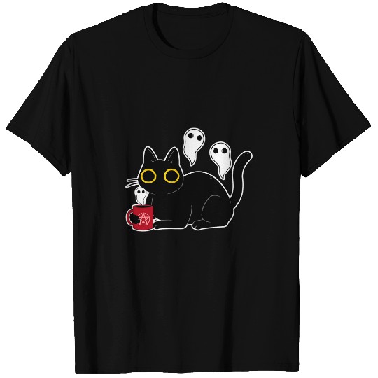 Coffee Fun black cats with Coffee Doing Black Magic with Ghosts T-Shirts