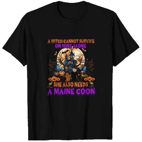 Wines Fun Halloween Witch On Wines And Funny Maine Coon Cat Costume T-Shirts
