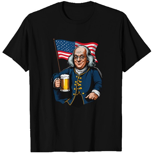 Beer Fun Benjamin Franklin With Beer Mug American Flag T-Shirts