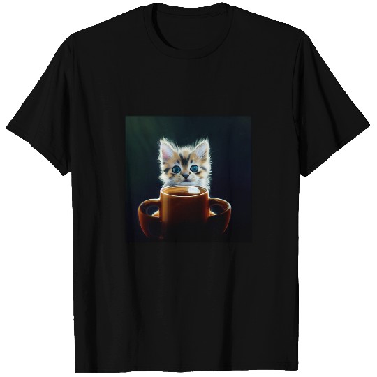 Coffee Fun Little kitten with coffee mug cat mom or dad AI designed T-Shirts