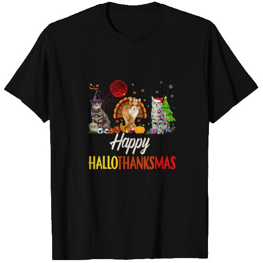 Happy Hallothanksmas Santa Cat Halloween Thanksgiving T-Shirts