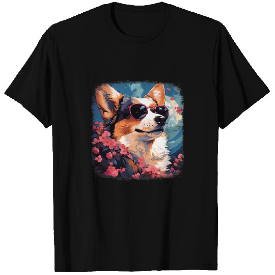 Anime corgi dog sunglasses pink cherry blossom flower tree T-Shirts