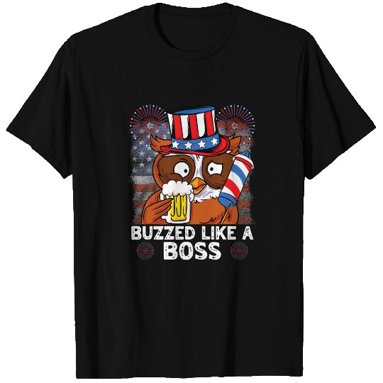 Owl Pet Buzzed Like A Boss 4th of July American Flag Owl Men Women T-Shirts