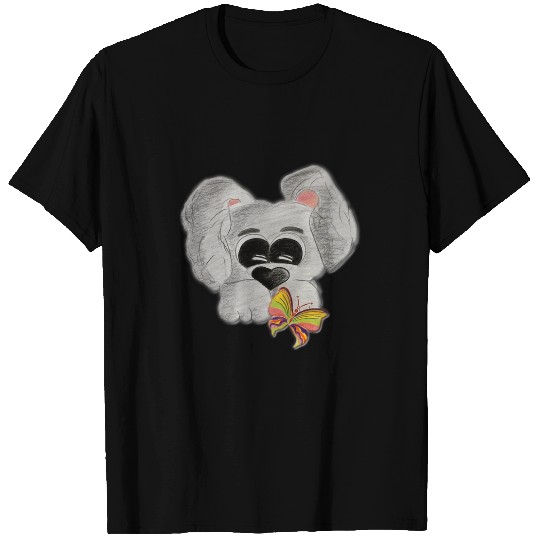 Dog looking at a butterfly hand painted puppy T-Shirts
