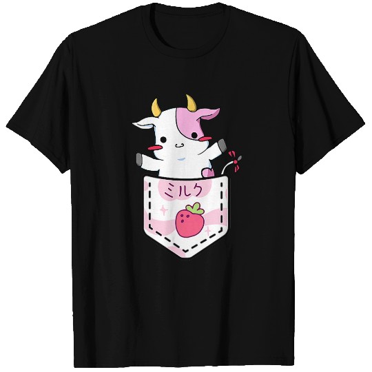Cow Lover Cute Strawberry Cow Adorable Pink Cow Pocket Japanese Kawaii T-Shirts
