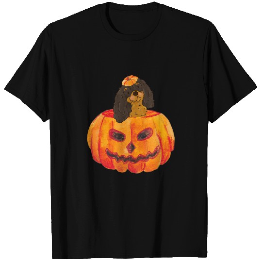 Black Tan Cavalier Dog Happy Halloween Pumpkin T-Shirts