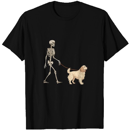 Funny Clumber Spaniel Skeletons Dog Walking Halloween T-Shirts
