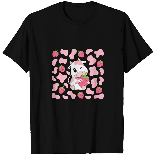 Cow Lover Cute Pink Strawberry Cow Print Kawaii Aesthetic Pattern T-Shirts