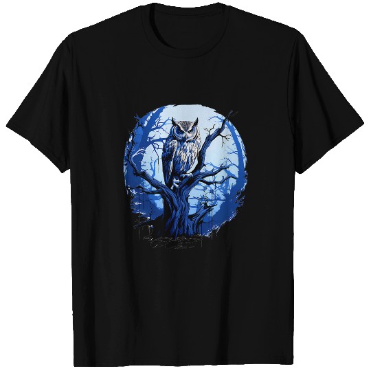Owl Pet Twilight Blue Impressionist Owl on Skeletal Tree T-Shirts