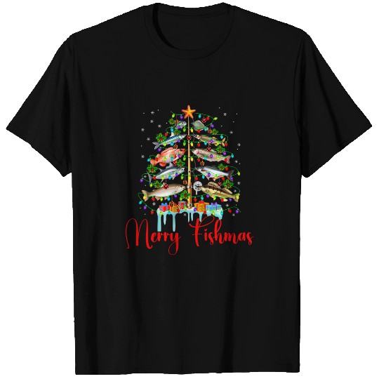 Merry Fishmas Funny Christmas Tree Lights Fish Fishing Rod T-Shirts