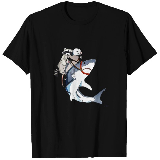 Raccoon Pet And Opossum Riding Shark T-Shirts