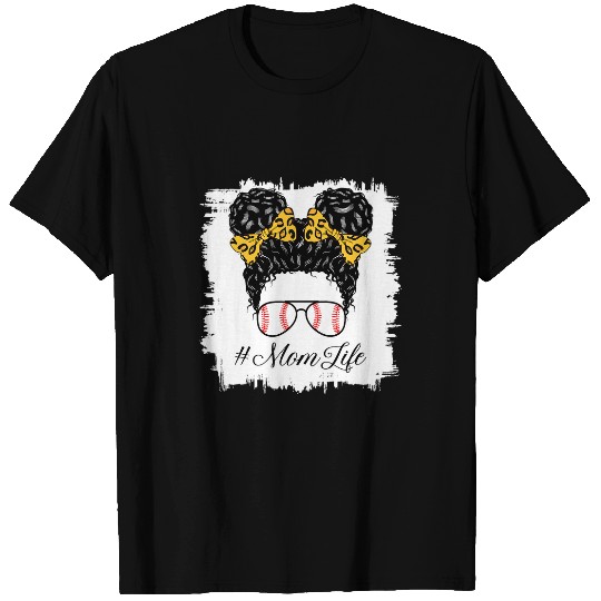 Baseball Mom Life Messy Bun Leopard Softball Mothers Day T-Shirts
