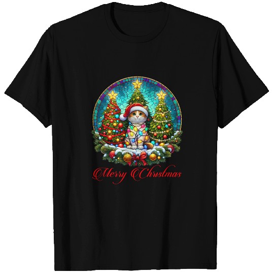 Whiskered Winter Wonderland Stained Glas Cat Christmas T-Shirts