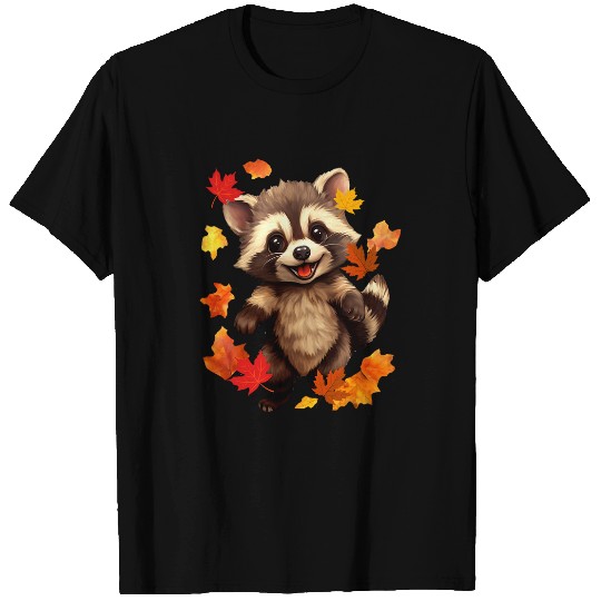 Raccoon Pet Baby Raccoon Playing In Fall Leaves Season Autumn Weather T-Shirts