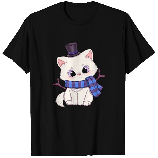 cute white neko christmas let it snow manga anime art T-Shirts