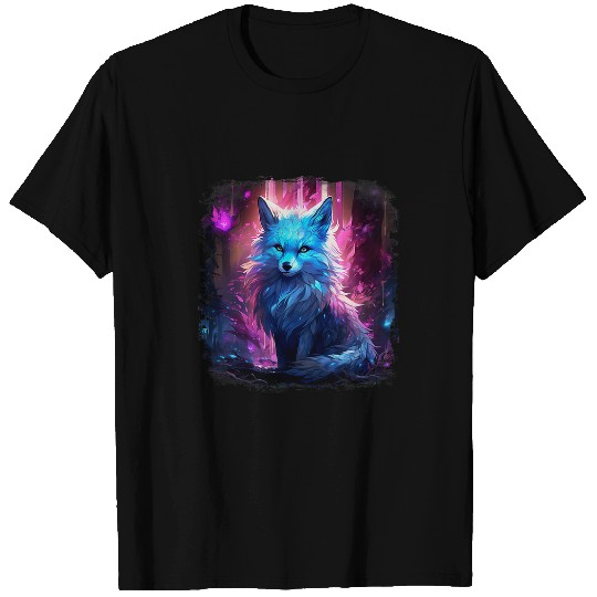 Anime white arctic fox purple light magical forest artic art T-Shirts