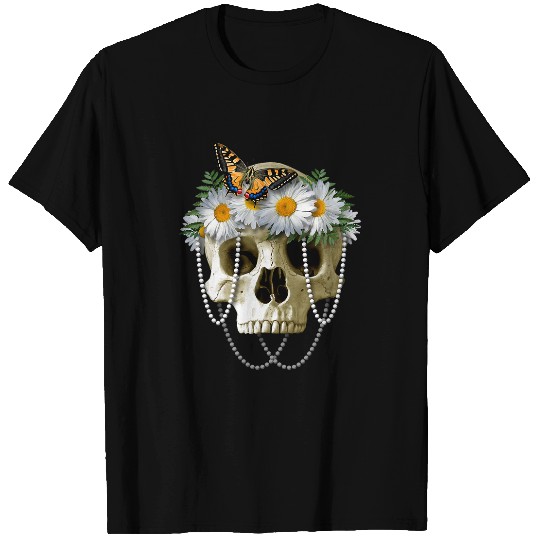 Human Skull With Daisy Flower Crown Butterfly And Pearls T-Shirts