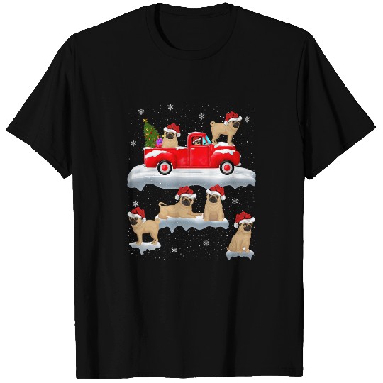 Pug Lover Driving Christmas Tree Red Truck Pug Christmas Pugs Dog T-Shirts