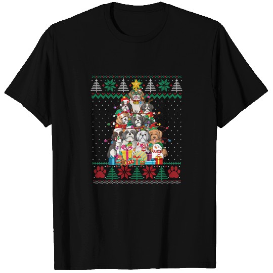 Shih Tzu Christmas Tree Light Ugly Sweater Funny Dog Lover T-Shirts