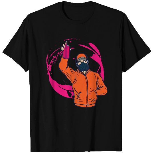 Graffiti artist spraying with pink paint hearing music T-Shirts