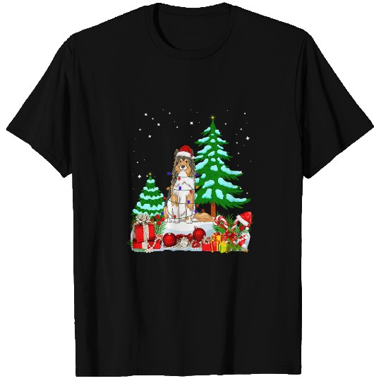 Dog Shetland Sheepdog Dog Wearing Christmas Hat Tree Lights T-Shirts