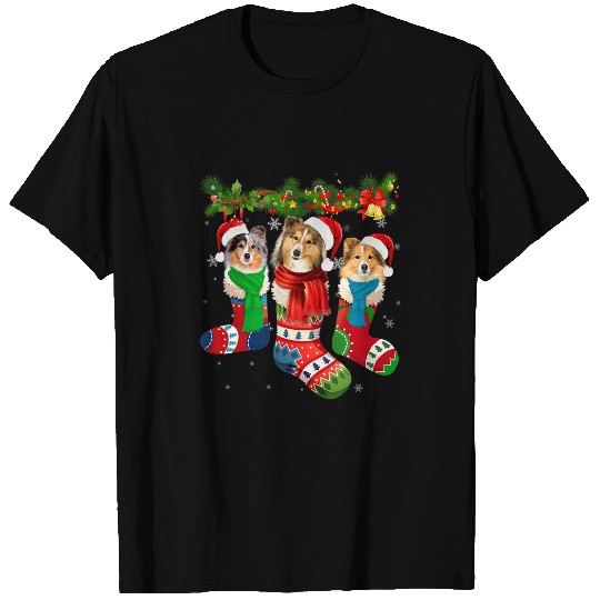 Dog Shetland Three Shetland Sheepdogs In Christmas Socks T-Shirts