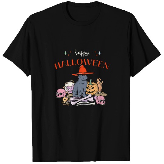 Funky Halloween Costume with Pumpkin Cat and Skulls T-Shirts